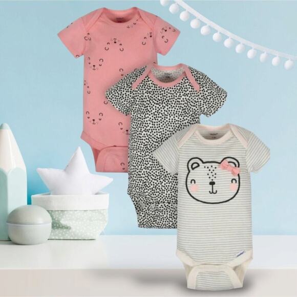 Organic 3-Pack Baby Girls Bear Short Sleeve Onesies® Bodysuits 6-9 M - Picture 1 of 6